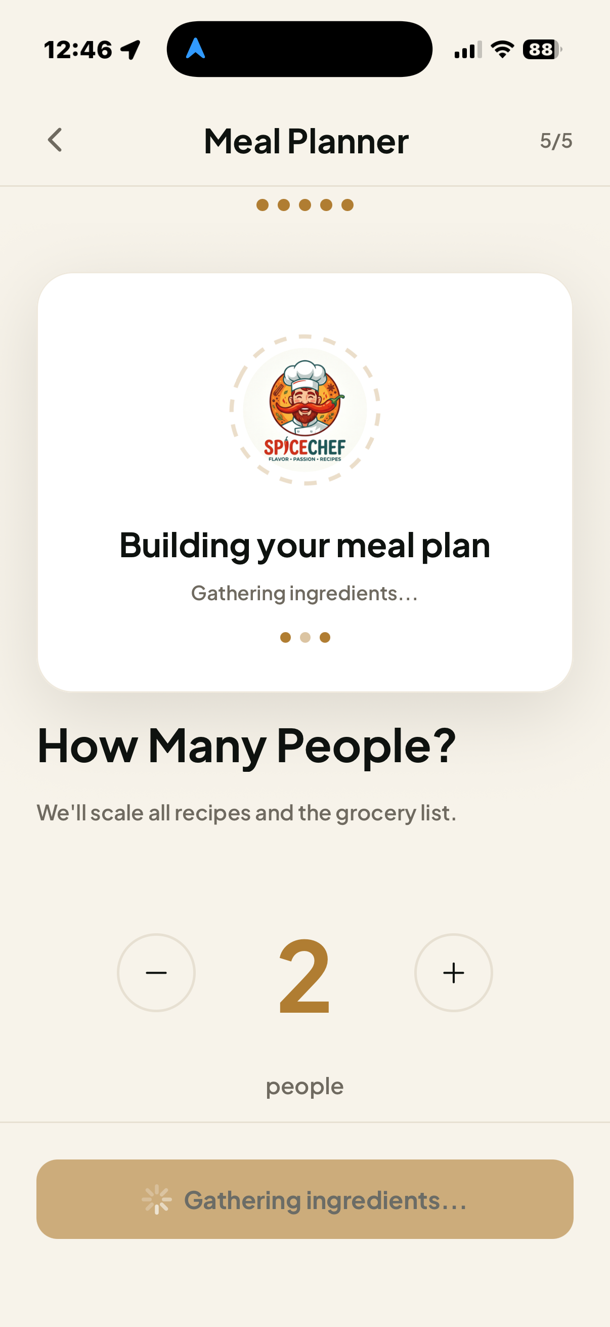 Meal Planner screen building a meal plan and scaling recipes for two people.