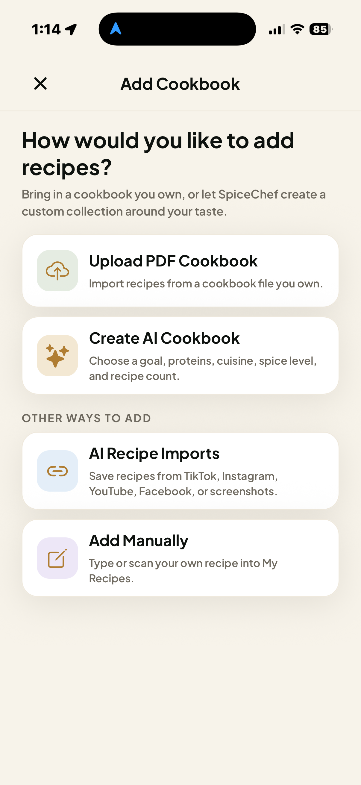 Add Cookbook screen with options for PDF cookbook, AI cookbook, recipe imports, and manual entry.