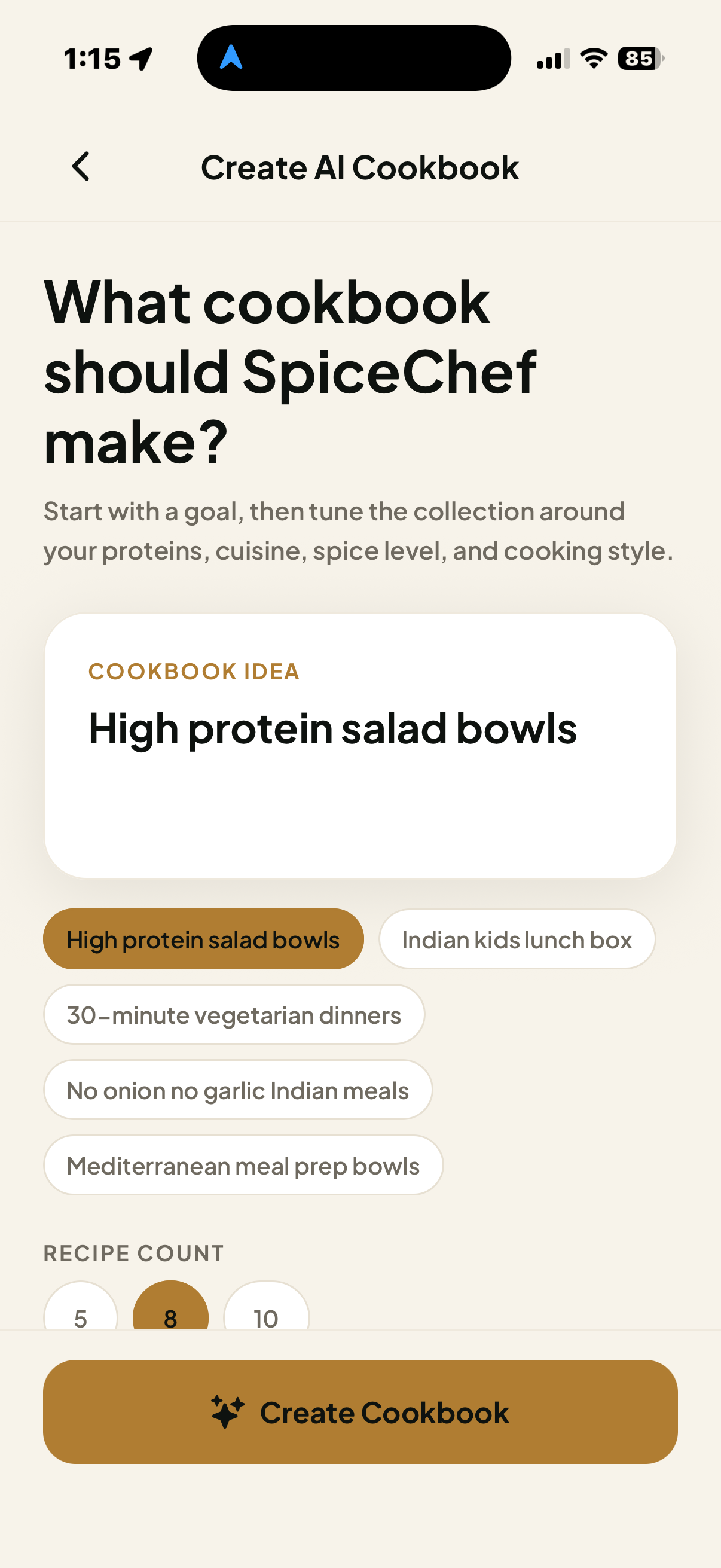 Create AI Cookbook screen with cookbook idea and recipe count options.
