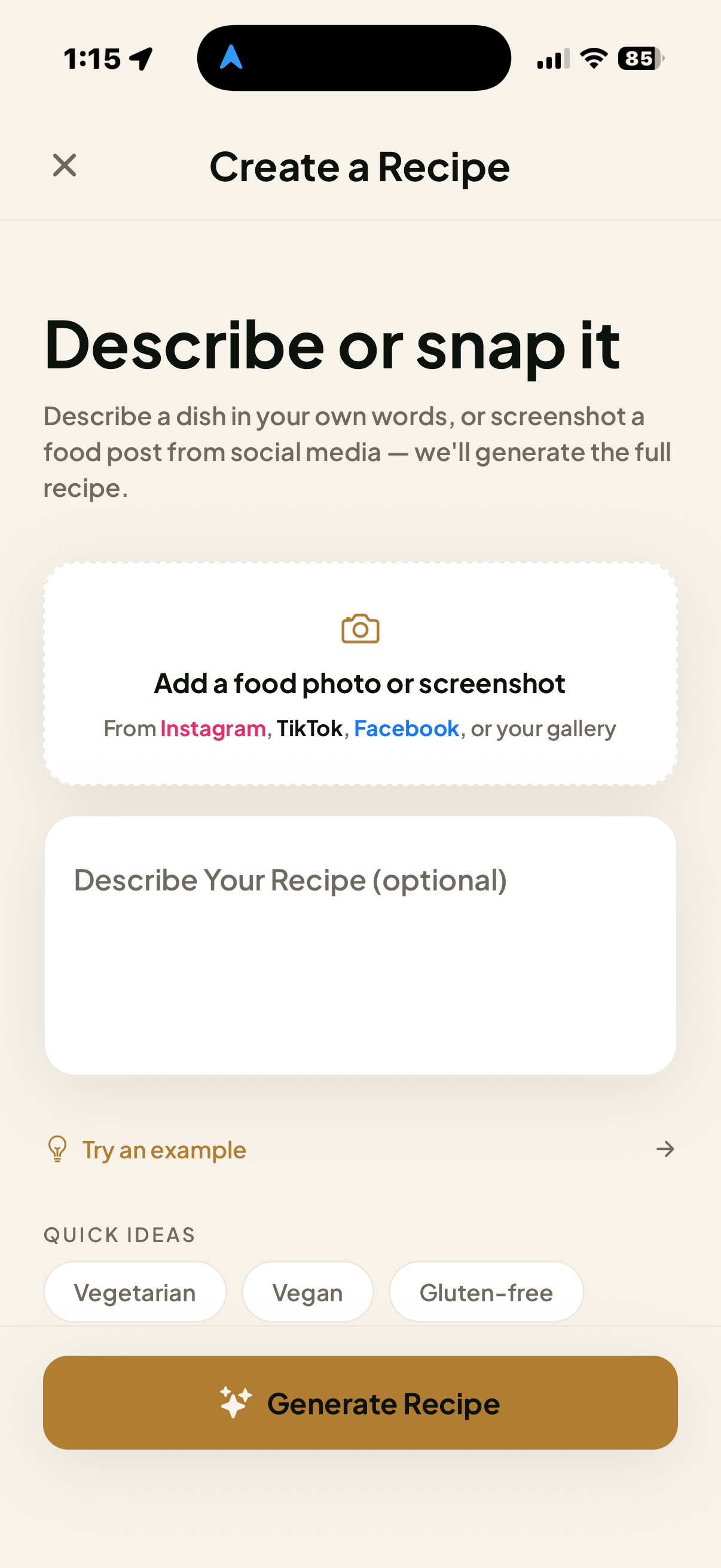 Create a Recipe screen for describing or adding a food photo or screenshot.
