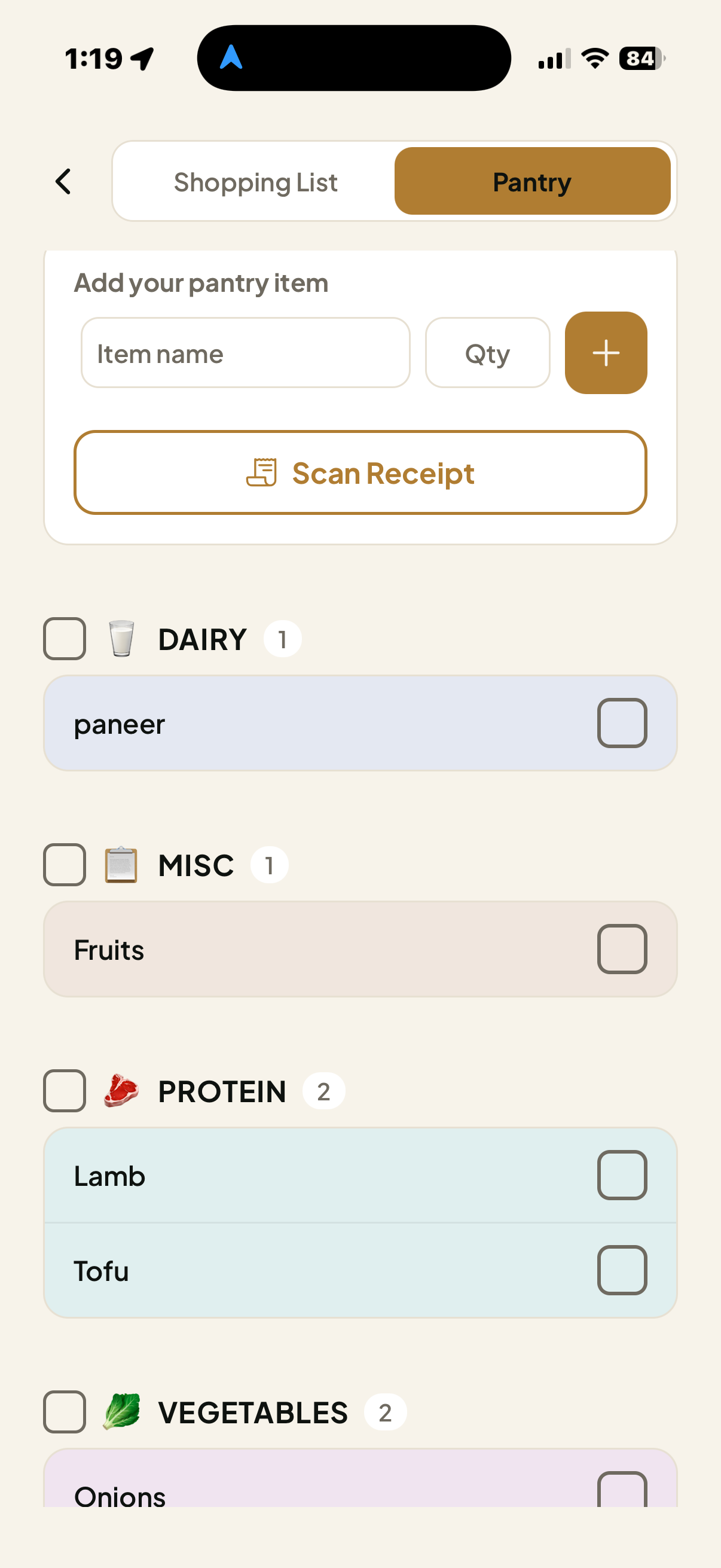 Pantry screen with receipt scanning and organized pantry categories.