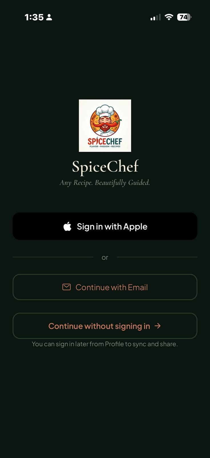 SpiceChef splash screen showing the logo and tagline: Your cookbooks, guided.