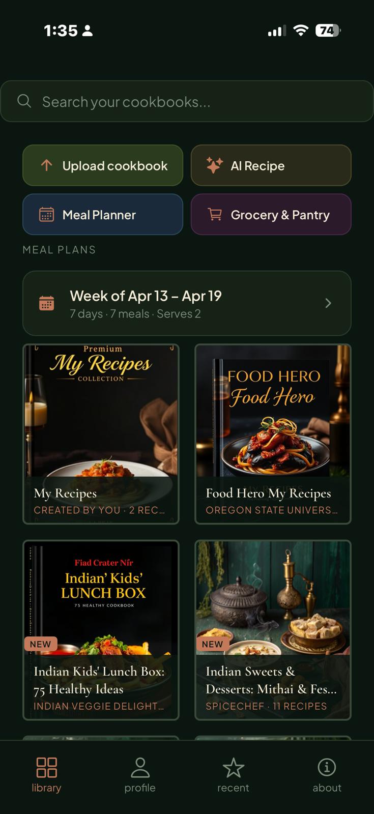Create a Recipe screen with quick idea tags like Vegetarian, Vegan, Gluten-free