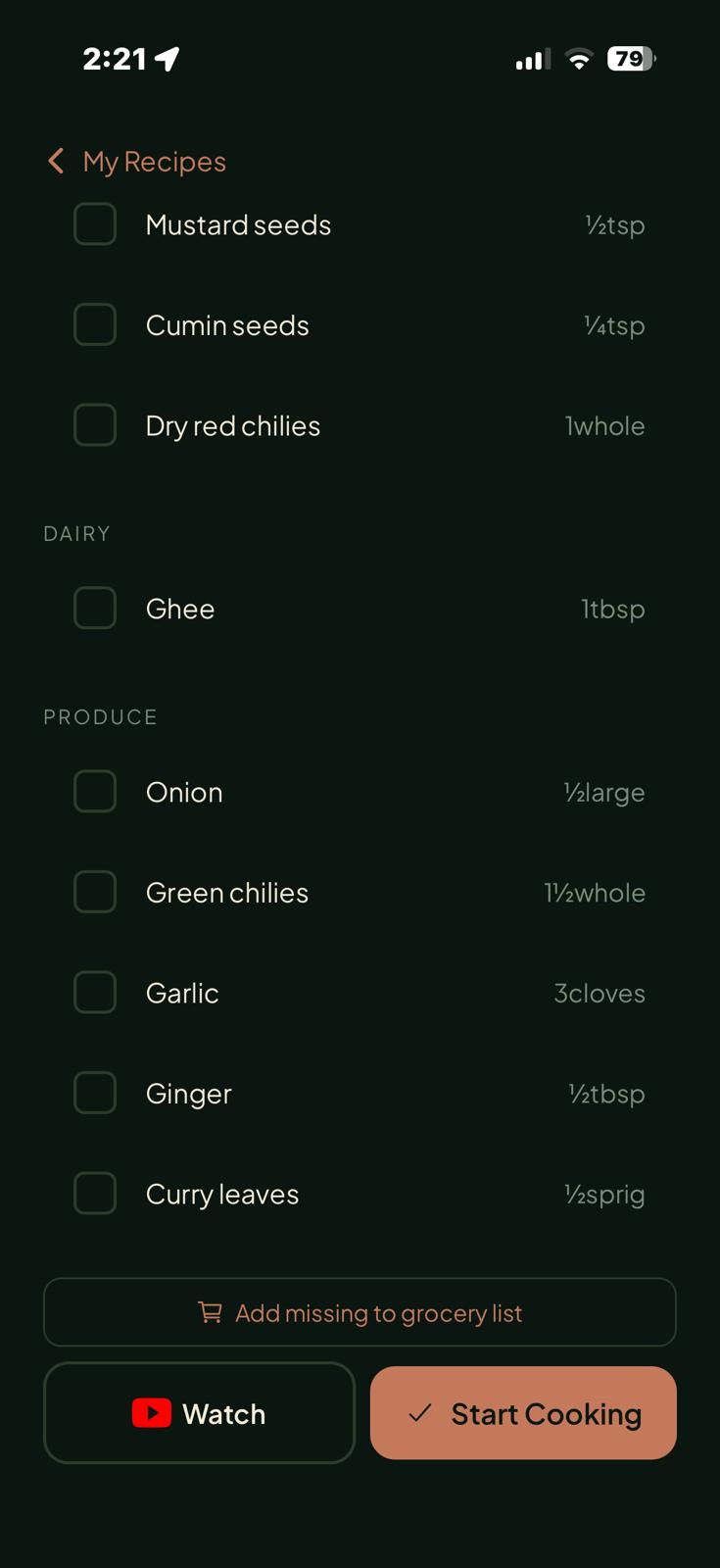 Recipe detail view showing Creamy Paneer and Spinach Curry with categorized ingredients list