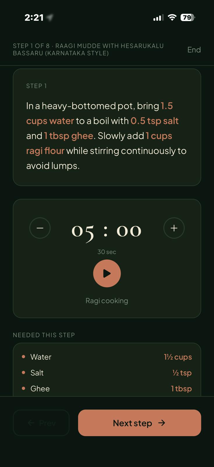 Step-by-step cook mode showing Step 2: Sauté aromatics with a 4-minute timer
