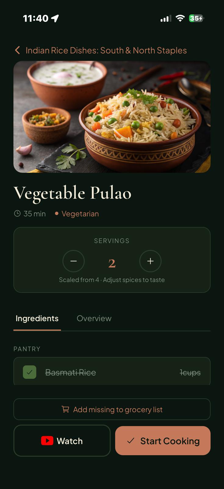 Create a Recipe screen with a detailed description filled in and Generate Recipe button