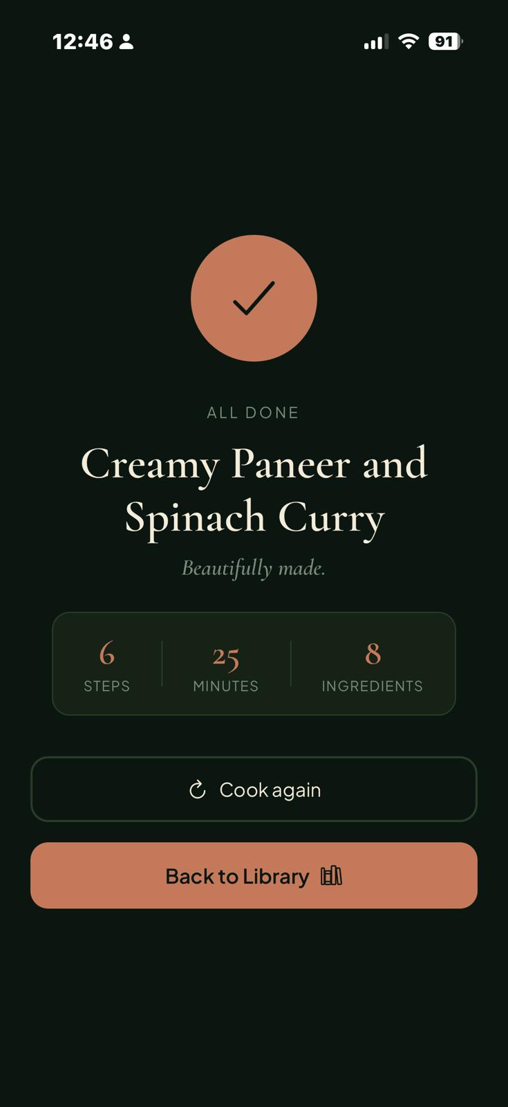 All Done screen showing Creamy Paneer and Spinach Curry completed — 6 steps, 25 minutes, 8 ingredients