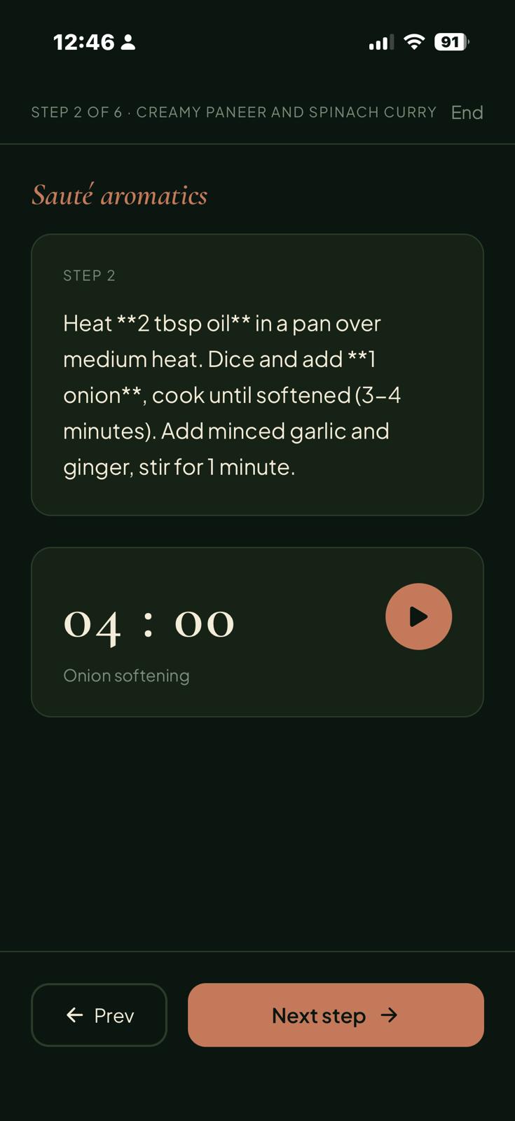 Step-by-step cook mode showing Step 2: Sauté aromatics with a 4-minute timer