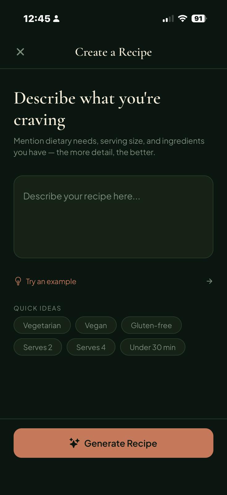 Create a Recipe screen with quick idea tags like Vegetarian, Vegan, Gluten-free