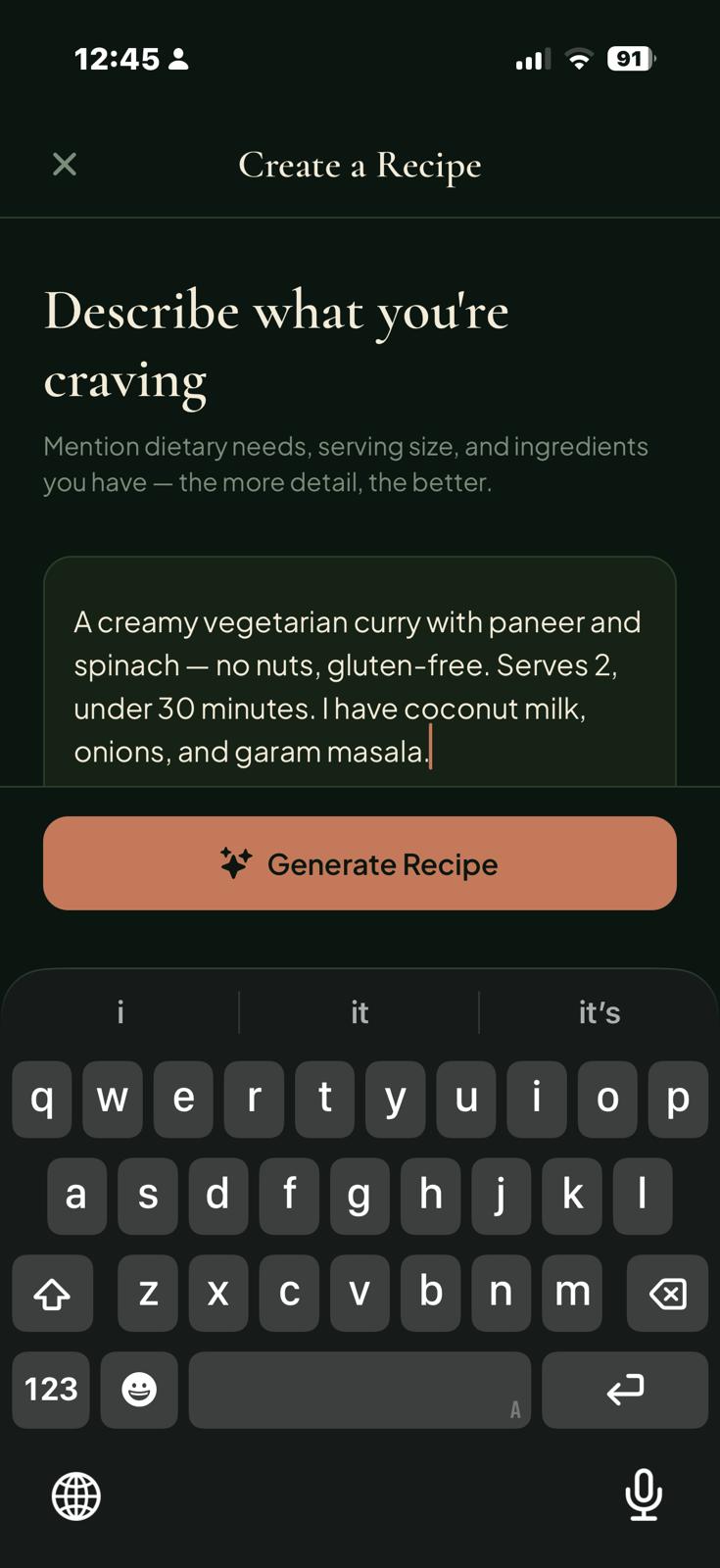 Create a Recipe screen with a detailed description filled in and Generate Recipe button