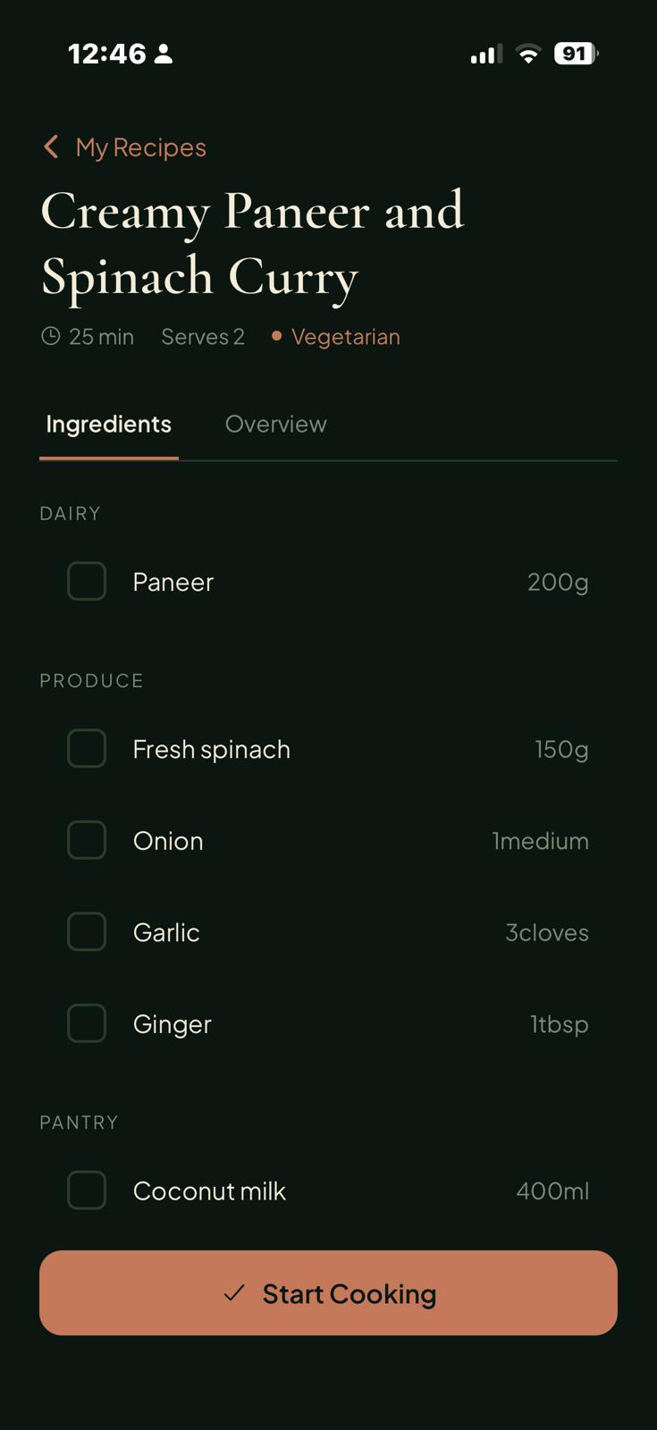 Recipe detail view showing Creamy Paneer and Spinach Curry with categorized ingredients list