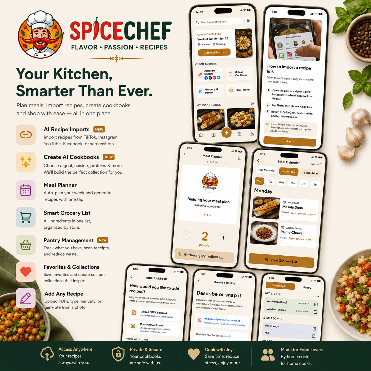 SpiceChef promotional graphic showing the logo, feature list, and multiple app screens.