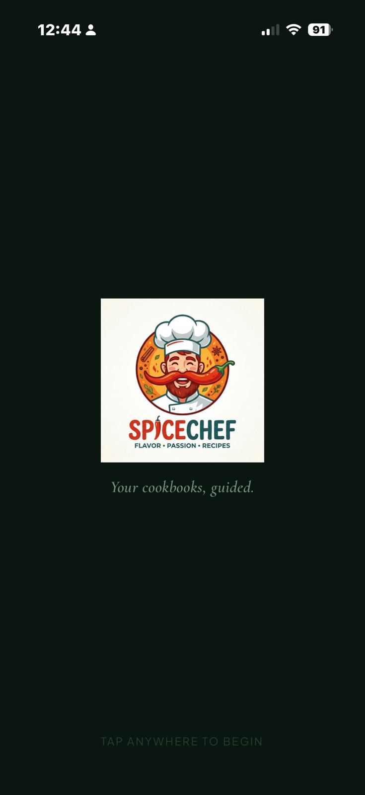 SpiceChef splash screen showing the logo and tagline: Your cookbooks, guided.